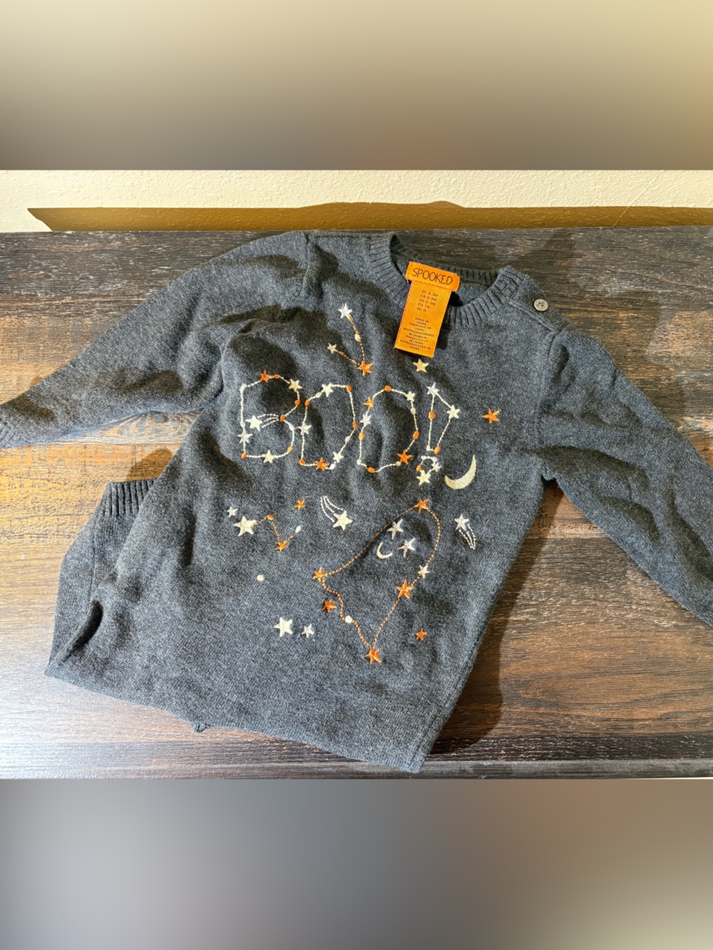 Charcoal Gray Embroidered Boo Star & Moon Ghost Sweater